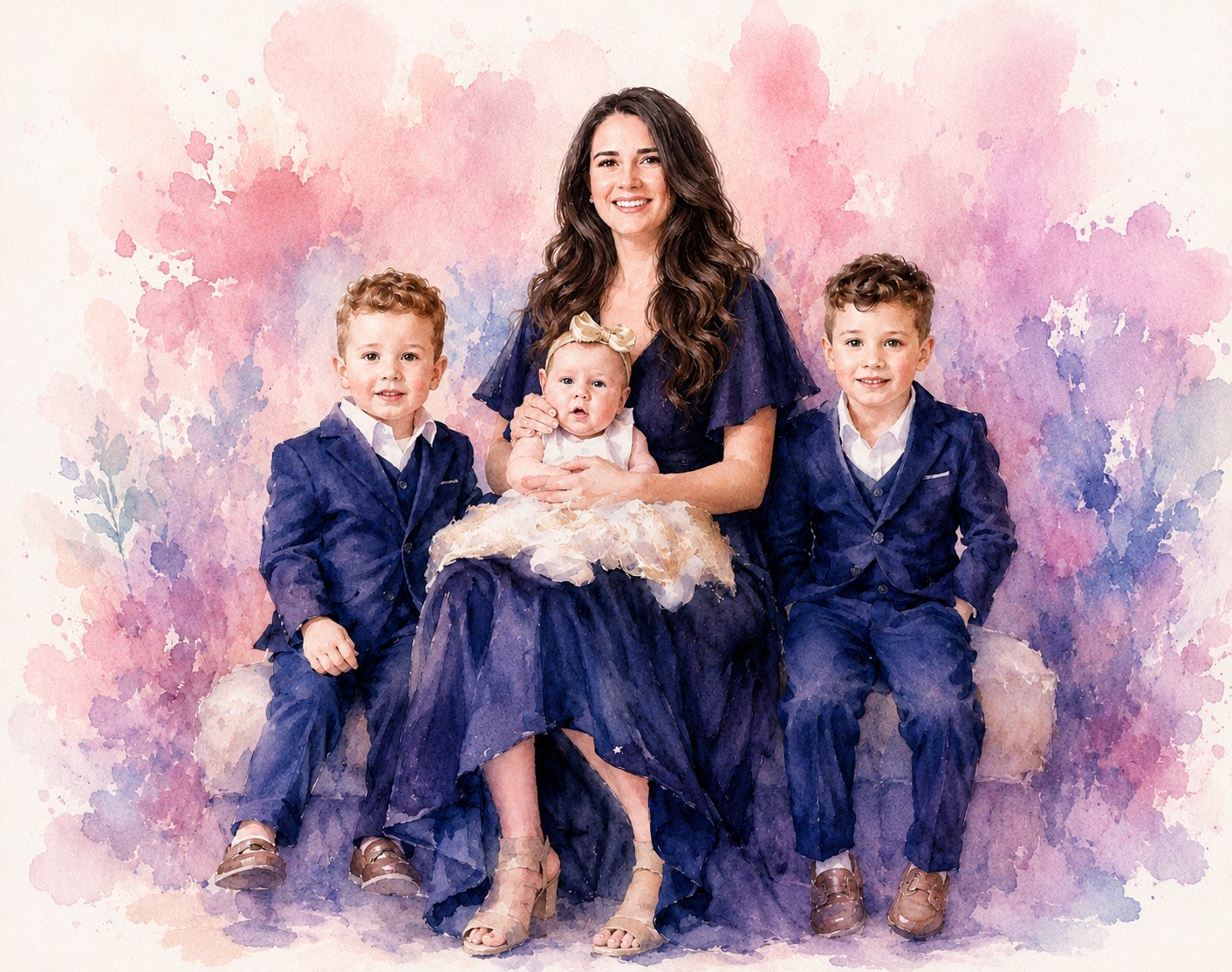 Cate and her three children — a watercolor illustration